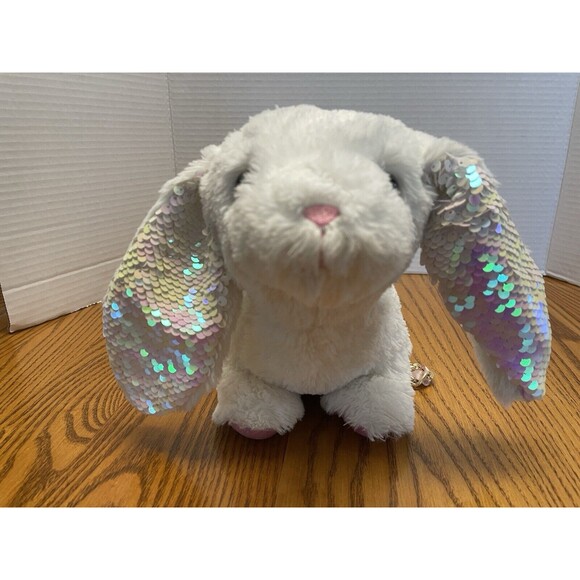 White with sqeuins Bunny Rabbit Plush Purse Gold Strap 8” X 10” - for children - Picture 2 of 12